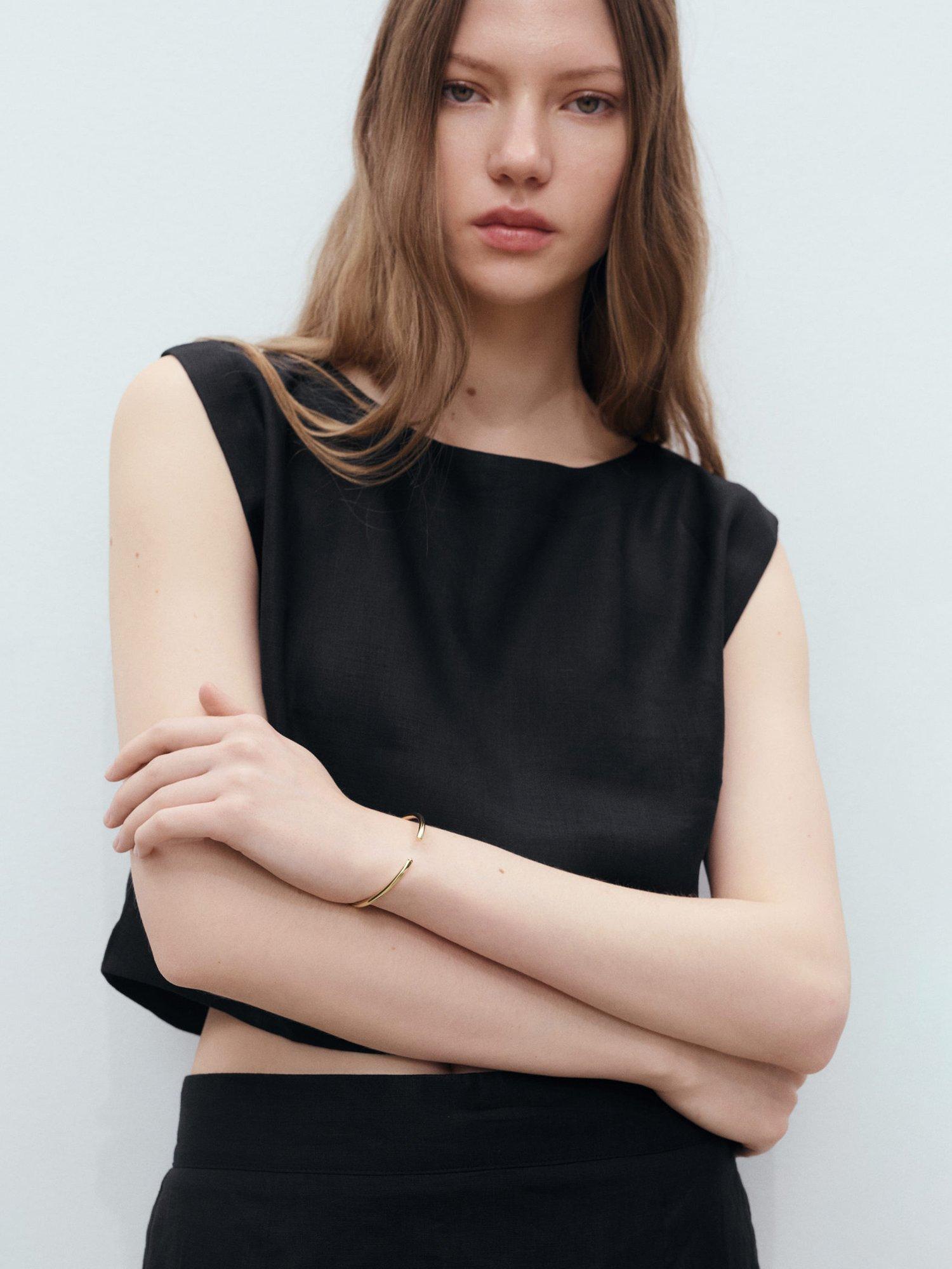 Product image 1 of 8, which shows Mango Fred Round Neck Sleeveless Linen Crop Top, Black, XS