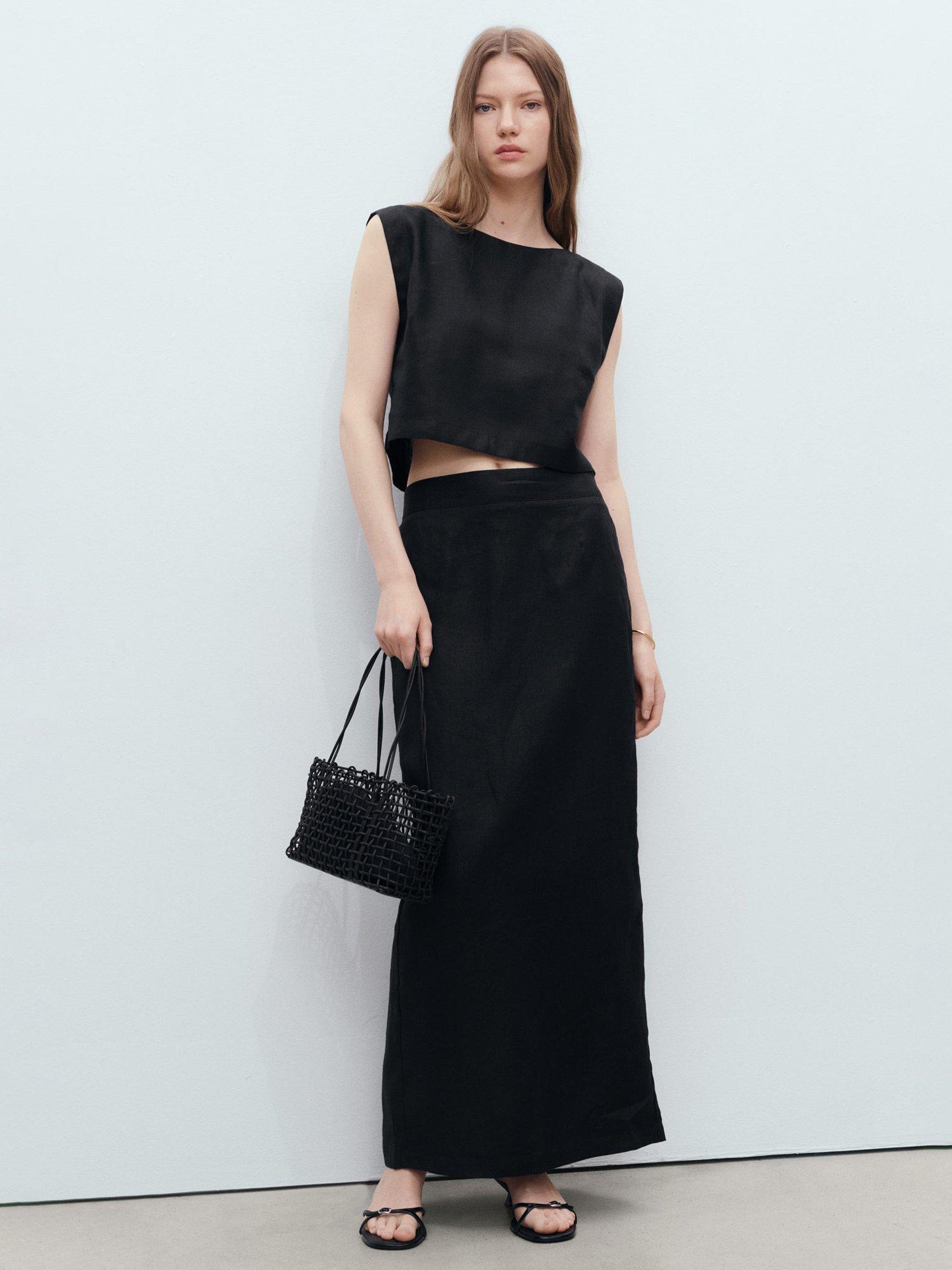 Product image 2 of 8, which shows Mango Fred Round Neck Sleeveless Linen Crop Top, Black, XS