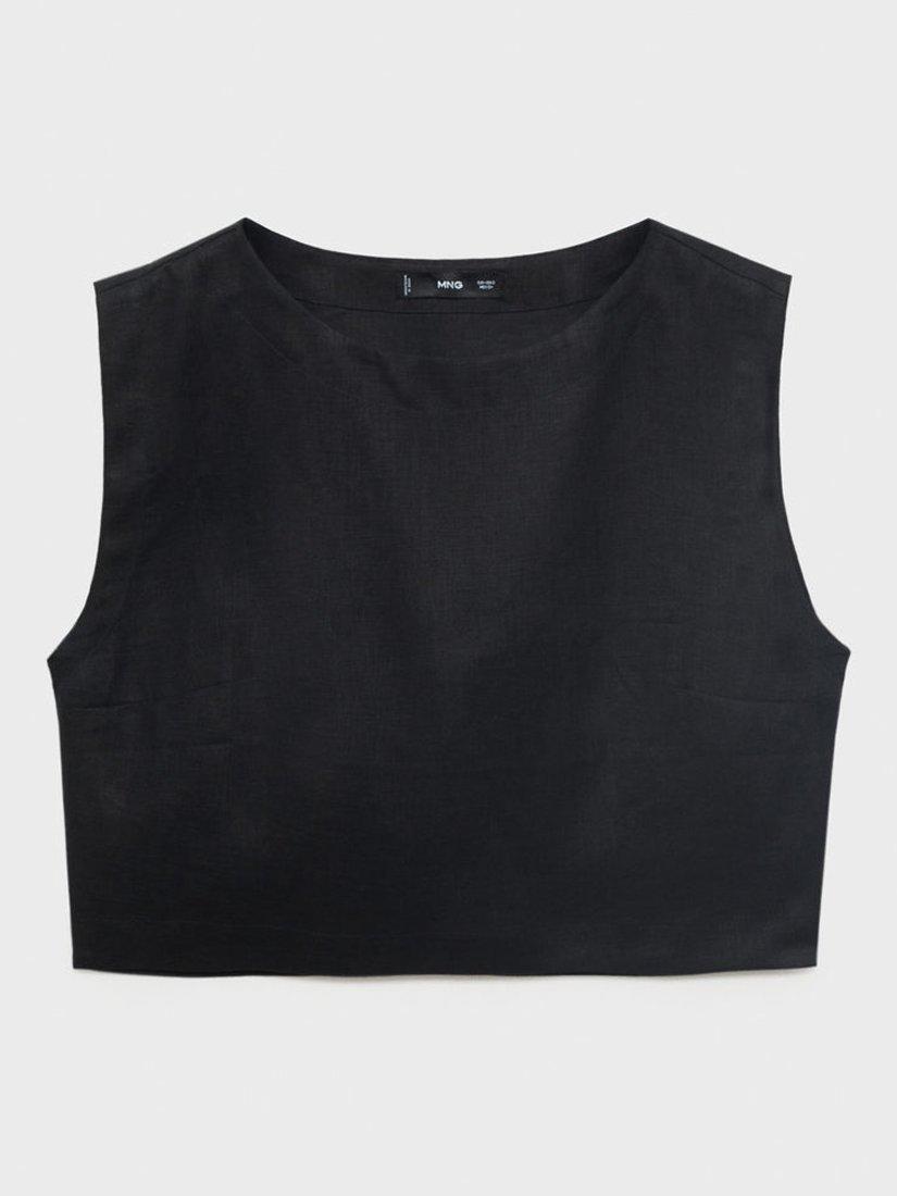 Product image 3 of 8, which shows Mango Fred Round Neck Sleeveless Linen Crop Top, Black, XS