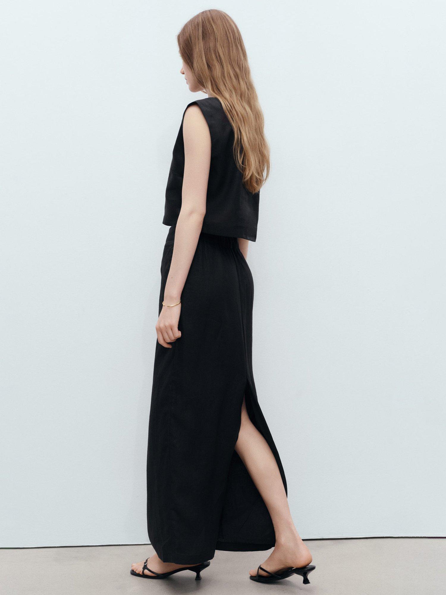 Product image 4 of 8, which shows Mango Fred Round Neck Sleeveless Linen Crop Top, Black, XS