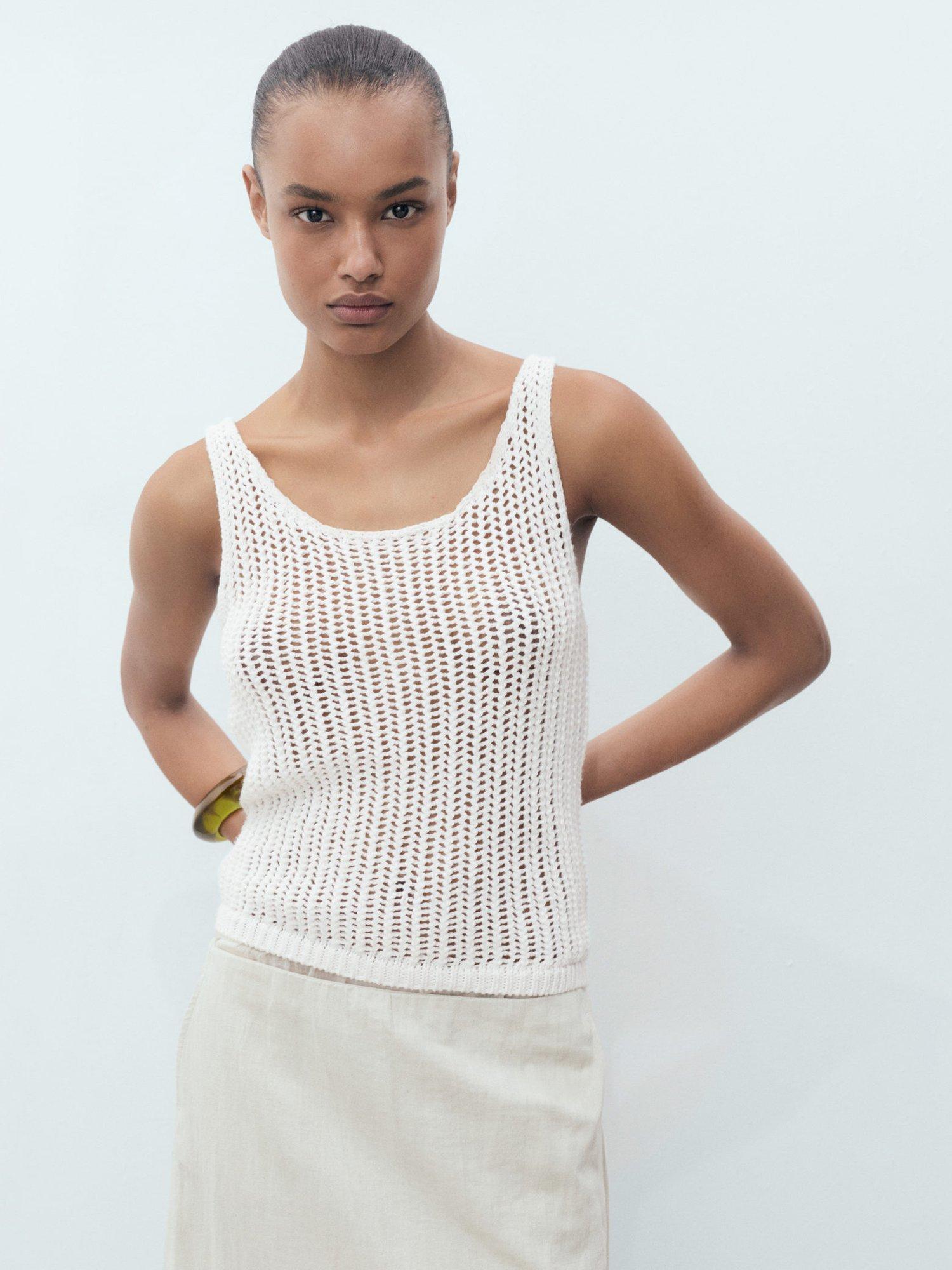 Product image 1 of 8, which shows Mango Gonzalo Cotton Blend Crochet Strap Top, Natural White, XS