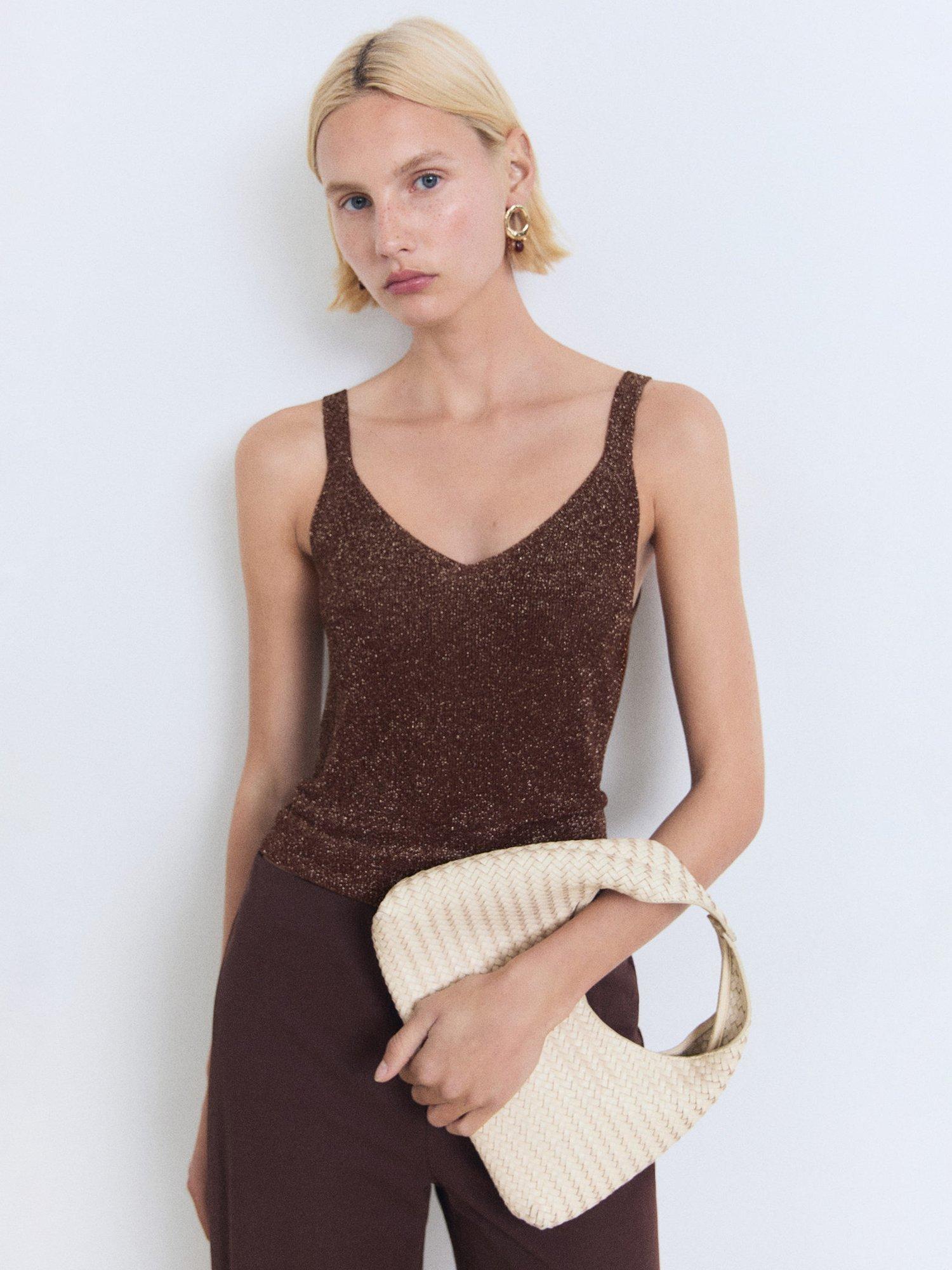 Product image 1 of 7, which shows Mango Cling V Neck Cami Top, Brown, L