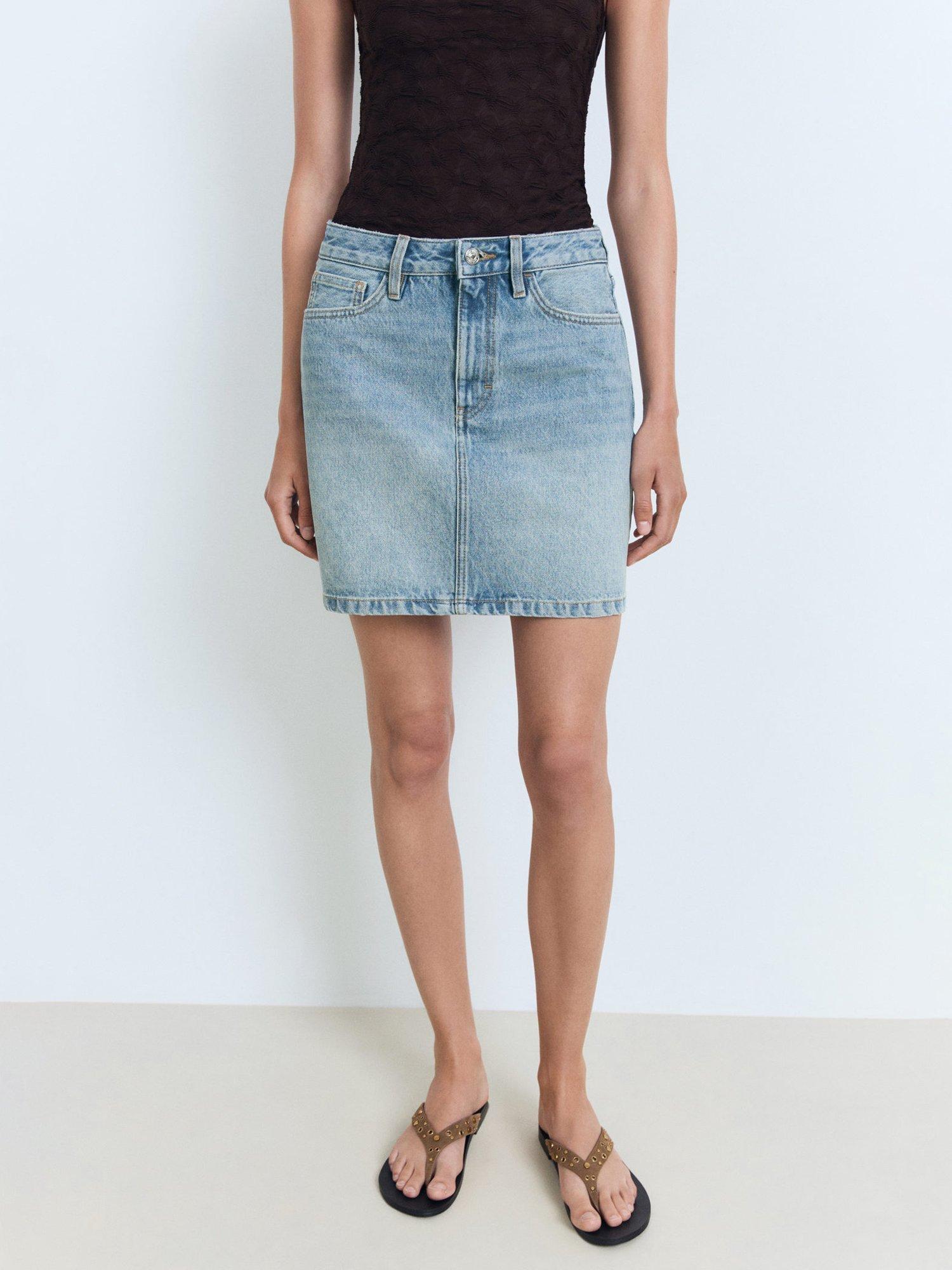Product image 1 of 8, which shows Mango Tacy Denim Mini Skirt, Mid Blue, L