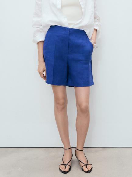Mango Boreli Pure Linen Shorts, Medium Blue