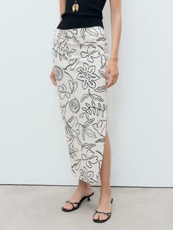 Mango Ariel Floral Side Slit Midi Skirt, Natural White, Natural White