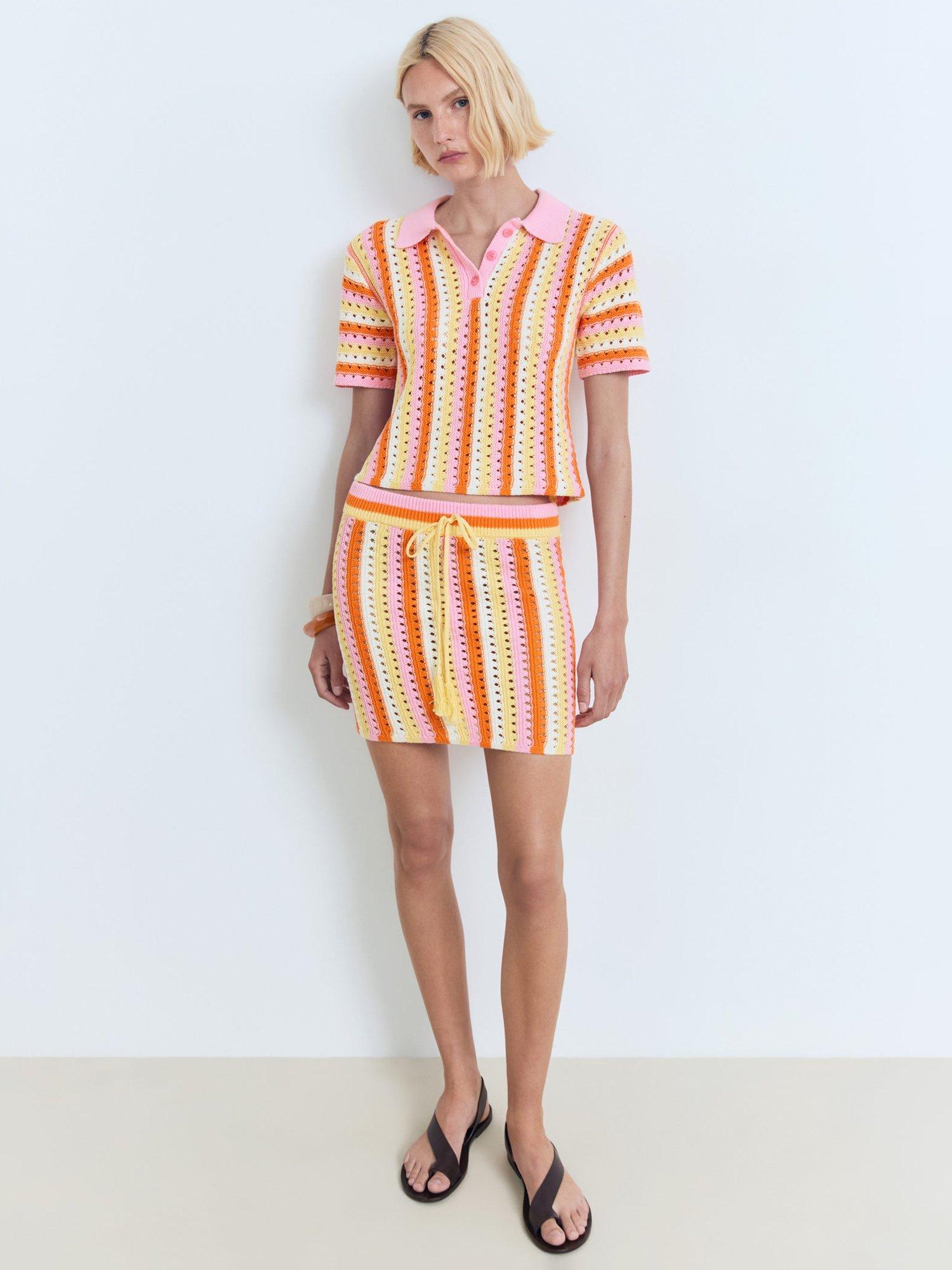 Product image 2 of 8, which shows Mango Babylon Cotton Two Tone Striped Crochet Skirt, Pink, L