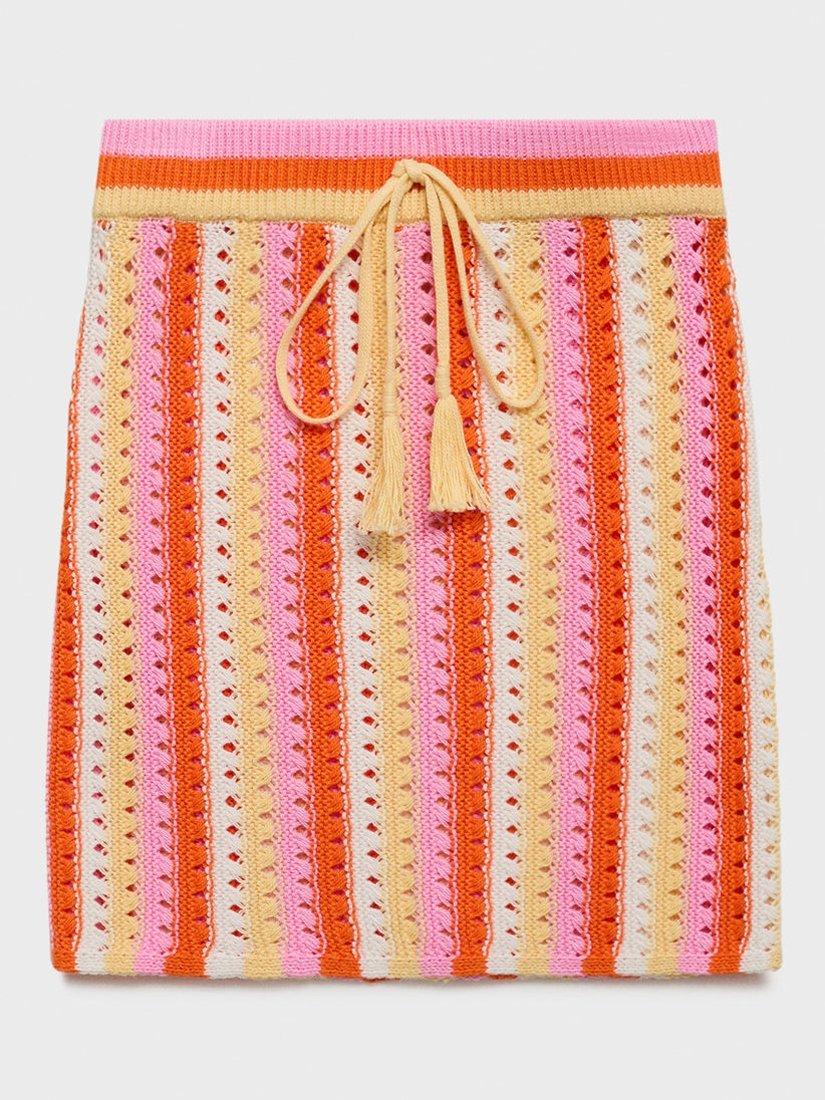 Product image 3 of 8, which shows Mango Babylon Cotton Two Tone Striped Crochet Skirt, Pink, L