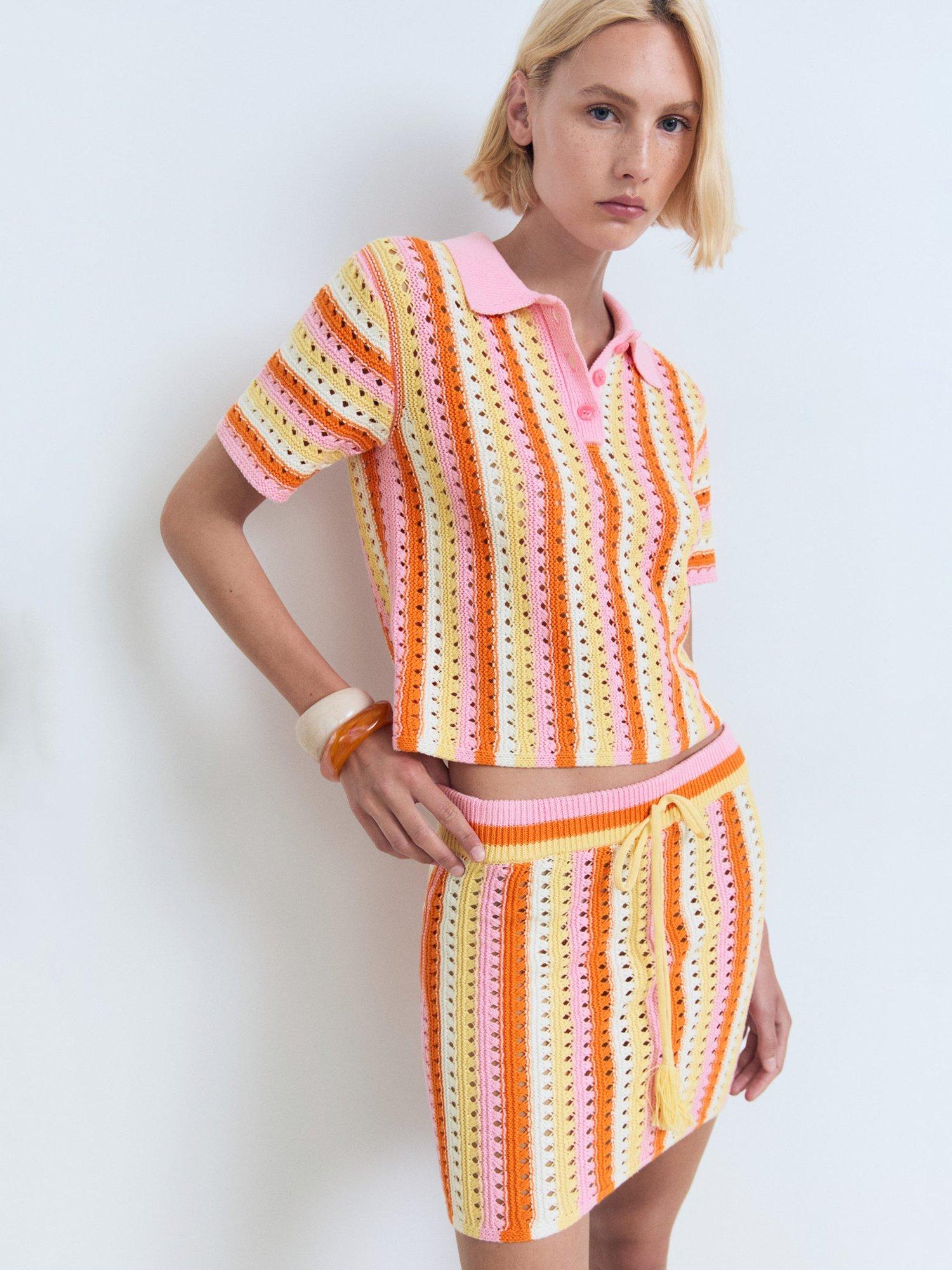 Product image 6 of 8, which shows Mango Babylon Cotton Two Tone Striped Crochet Skirt, Pink, L
