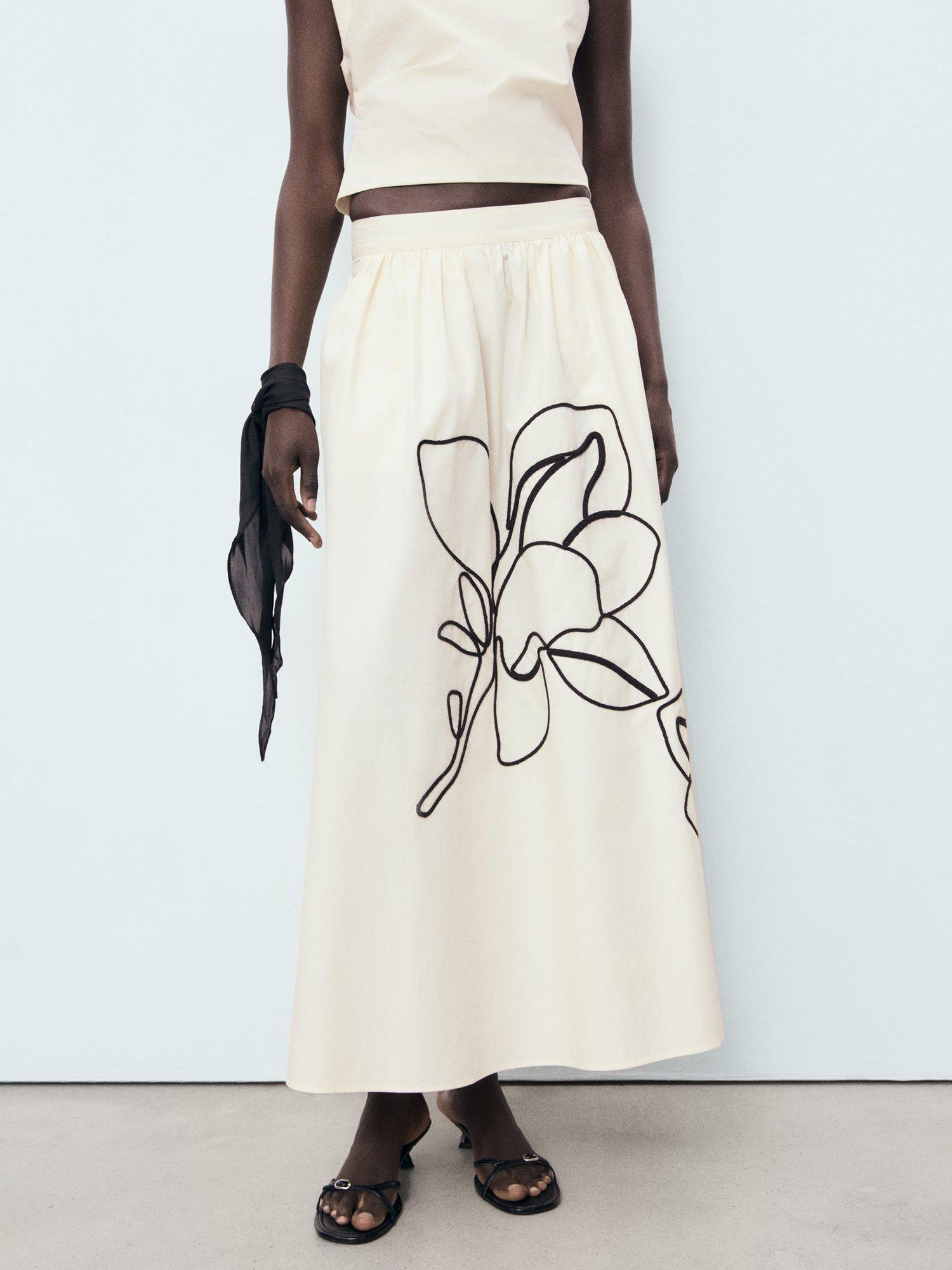 Product image 1 of 8, which shows Mango Bari Embroidered Floral Skirt, Natural White, 10
