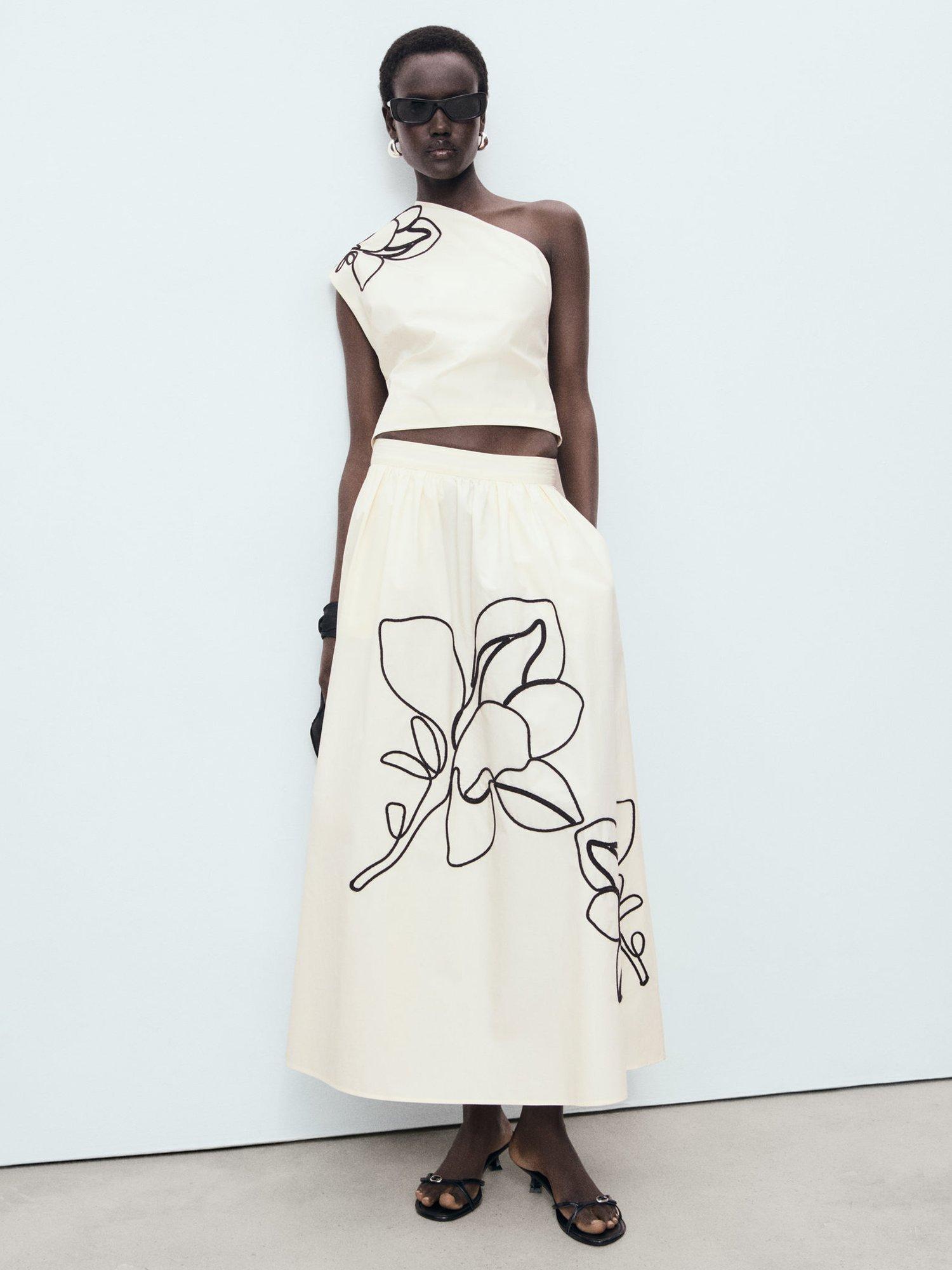 Product image 2 of 8, which shows Mango Bari Embroidered Floral Skirt, Natural White, 10