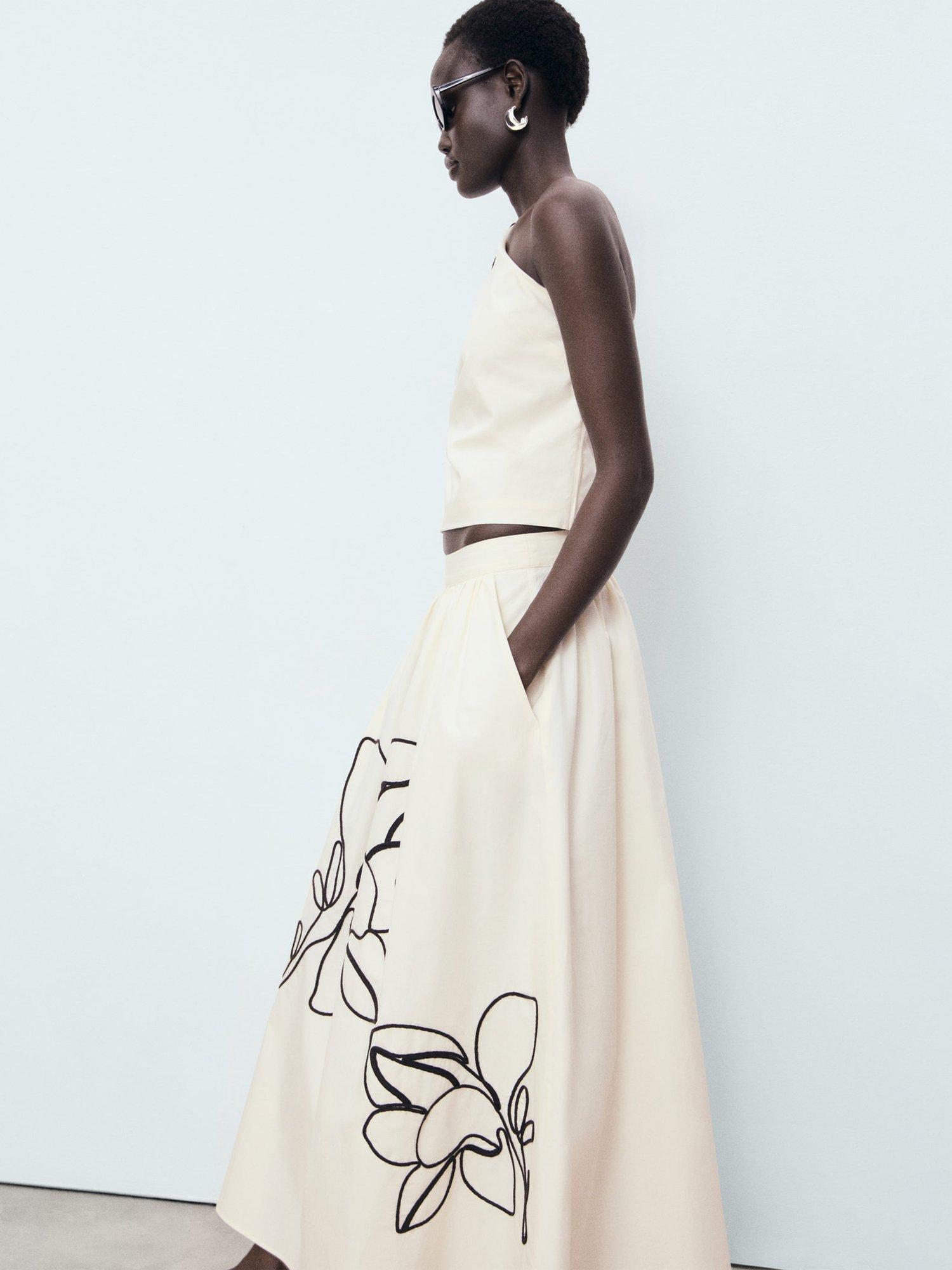 Product image 6 of 8, which shows Mango Bari Embroidered Floral Skirt, Natural White, 10