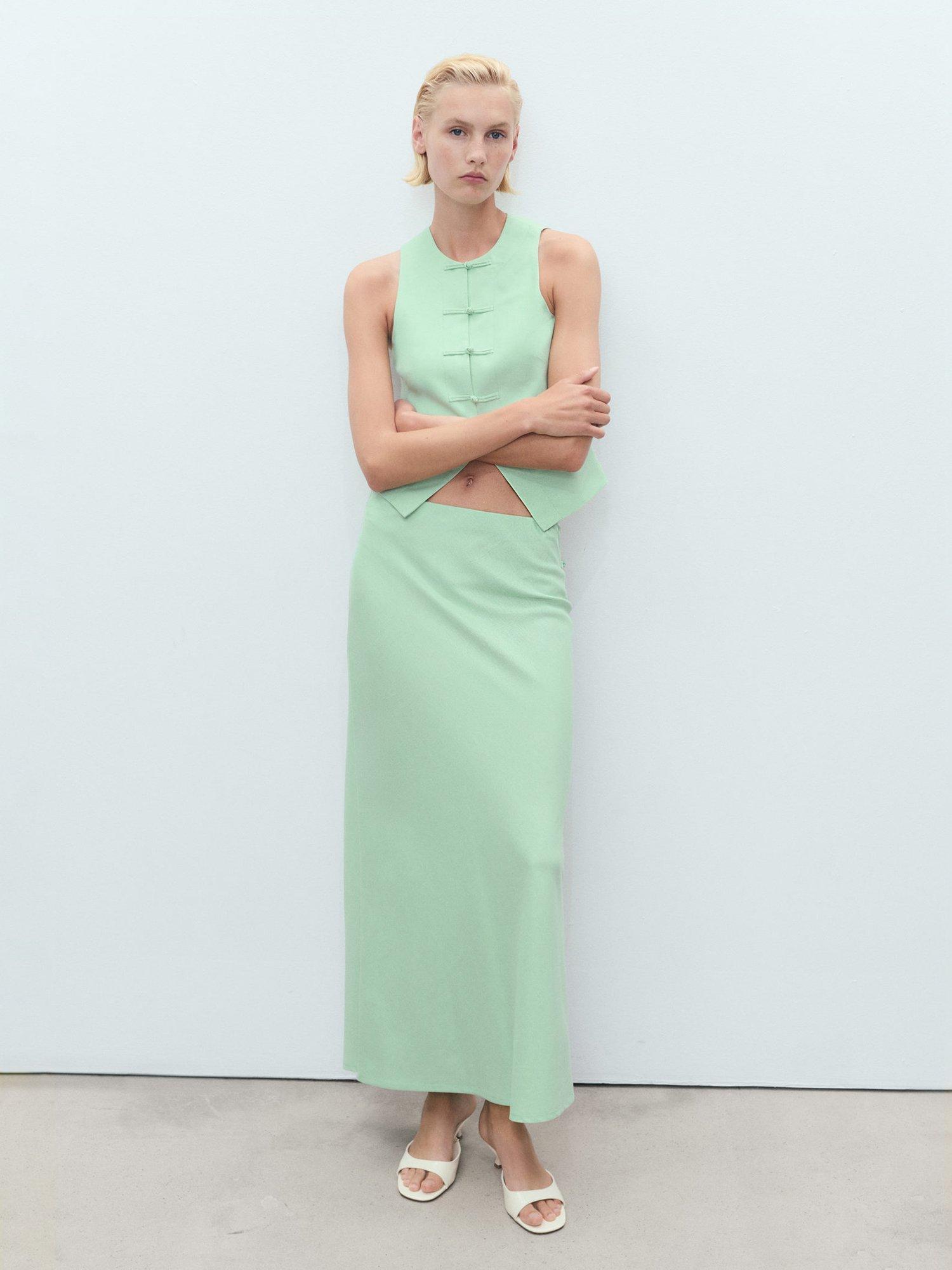 Product image 2 of 8, which shows Mango Laguna Linen Blend Straight Skirt, Green, L