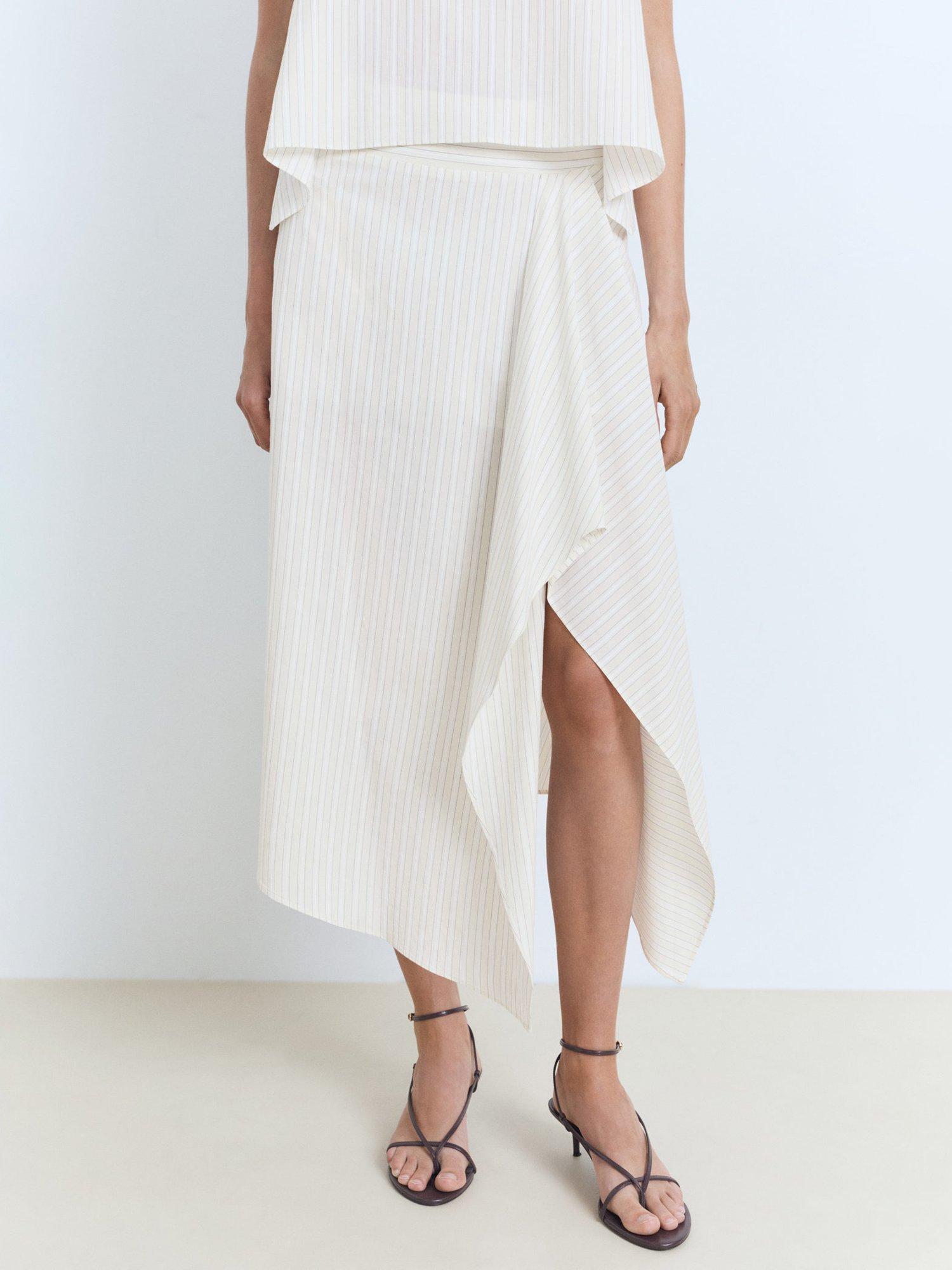 Product image 1 of 8, which shows Mango Limon Cotton Striped Asymmetric Skirt, Natural White, L