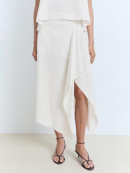 Mango Limon Cotton Striped Asymmetric Skirt, Natural White, Natural White