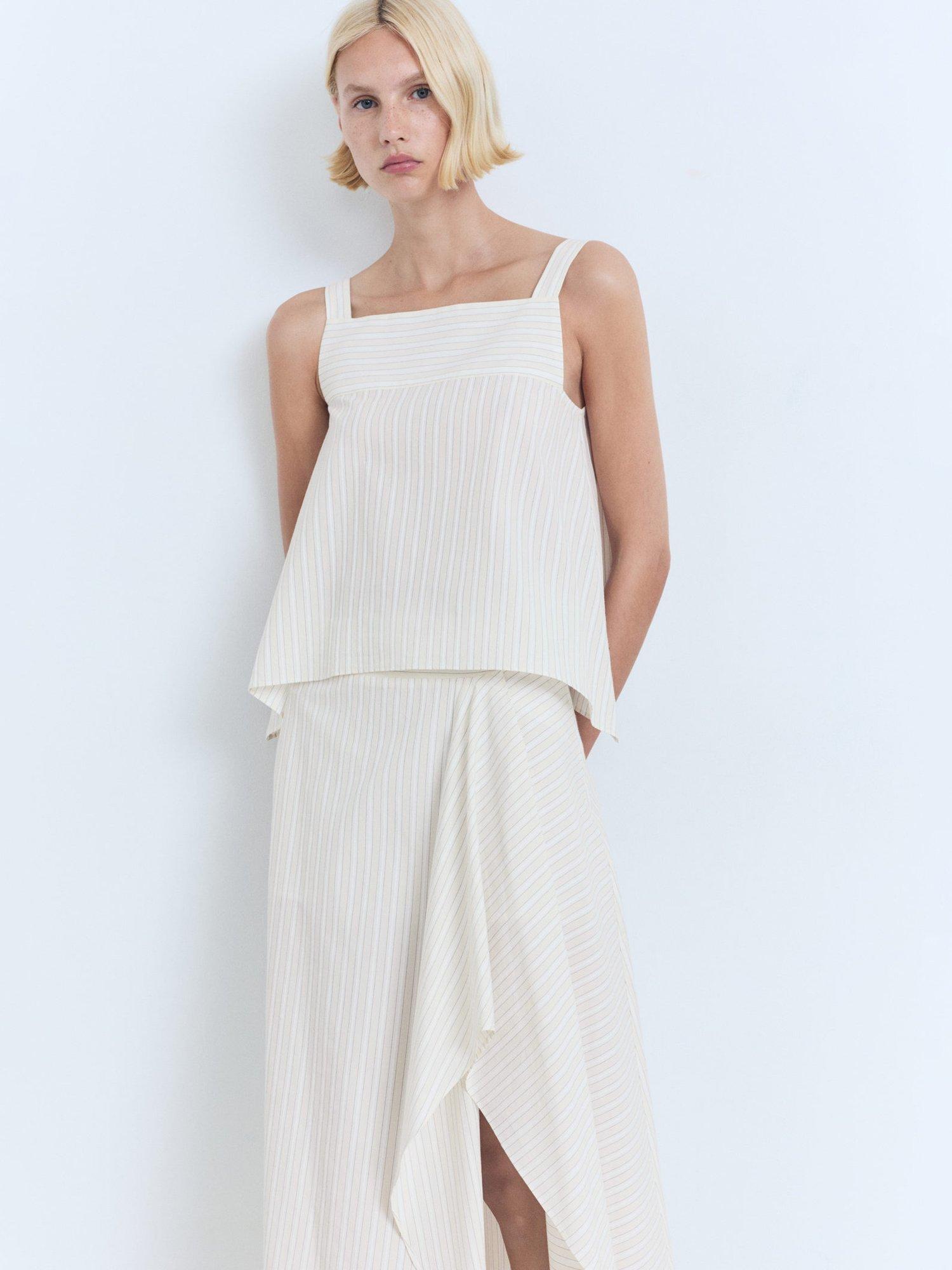 Product image 6 of 8, which shows Mango Limon Cotton Striped Asymmetric Skirt, Natural White, L