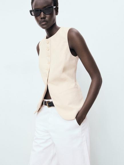 Mango Greta Longline Waistcoat, Light Beige
