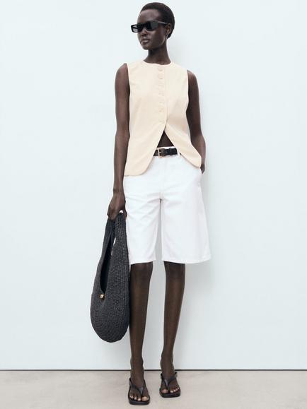 Mango Greta Longline Waistcoat - view 2, Light Beige