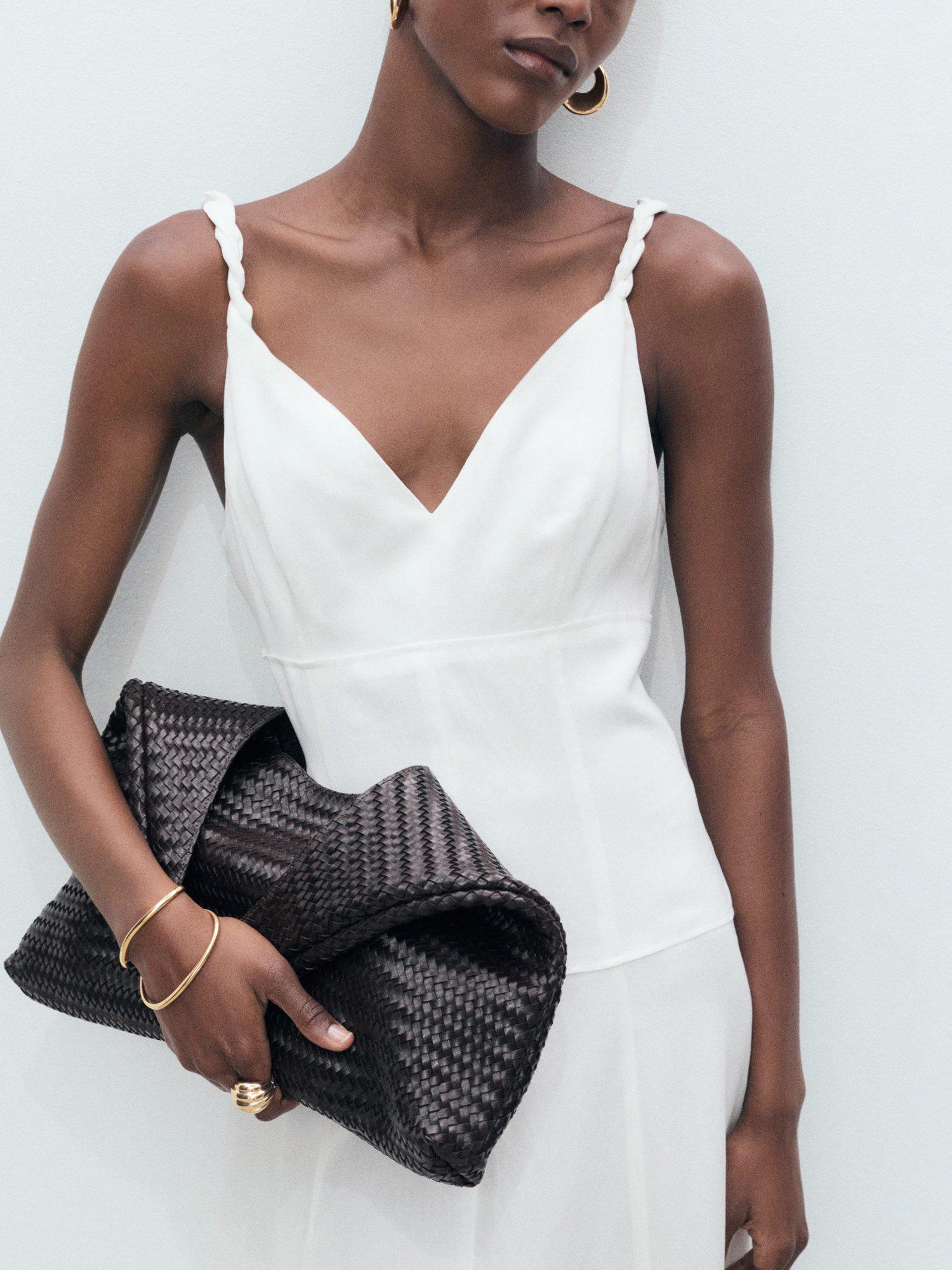 Product image 1 of 8, which shows Mango Trenza V-Neck Strappy Dress, White, 10