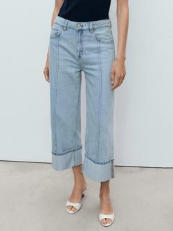 Mango Gala Cotton Wide Leg Turned-Up Hem Cropped Jeans, Mid Blue, Mid Blue