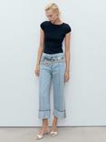 Mango Gala Cotton Wide Leg Turned-Up Hem Cropped Jeans, Mid Blue