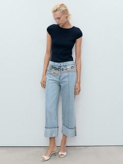 Mango Gala Cotton Wide Leg Turned-Up Hem Cropped Jeans, Mid Blue - view 2, Mid Blue
