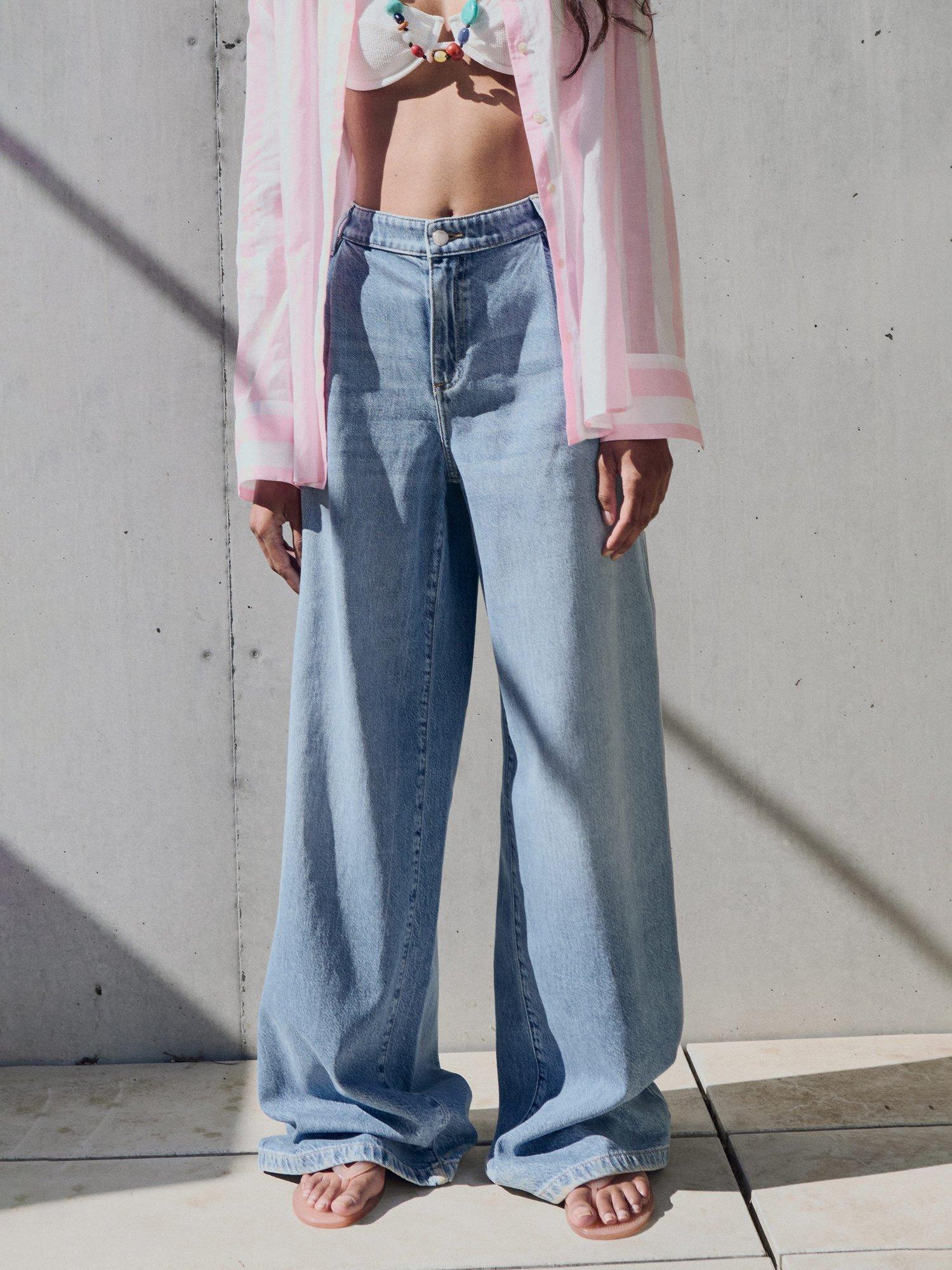 Mango Ona Pleated Wide Leg Jeans, Open Blue