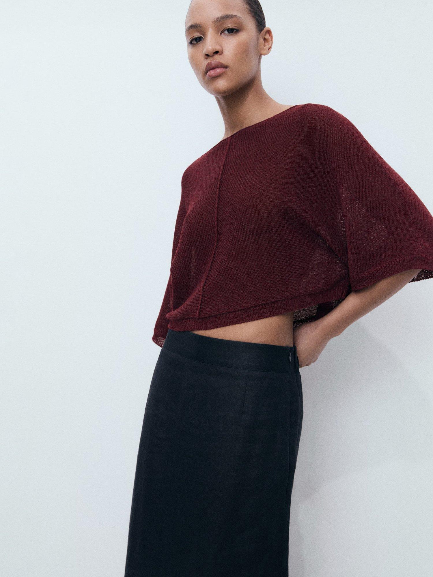 Product image 1 of 8, which shows Mango Aventura Linen Blend Oversized Fine Knit Jumper, Dark Red, S