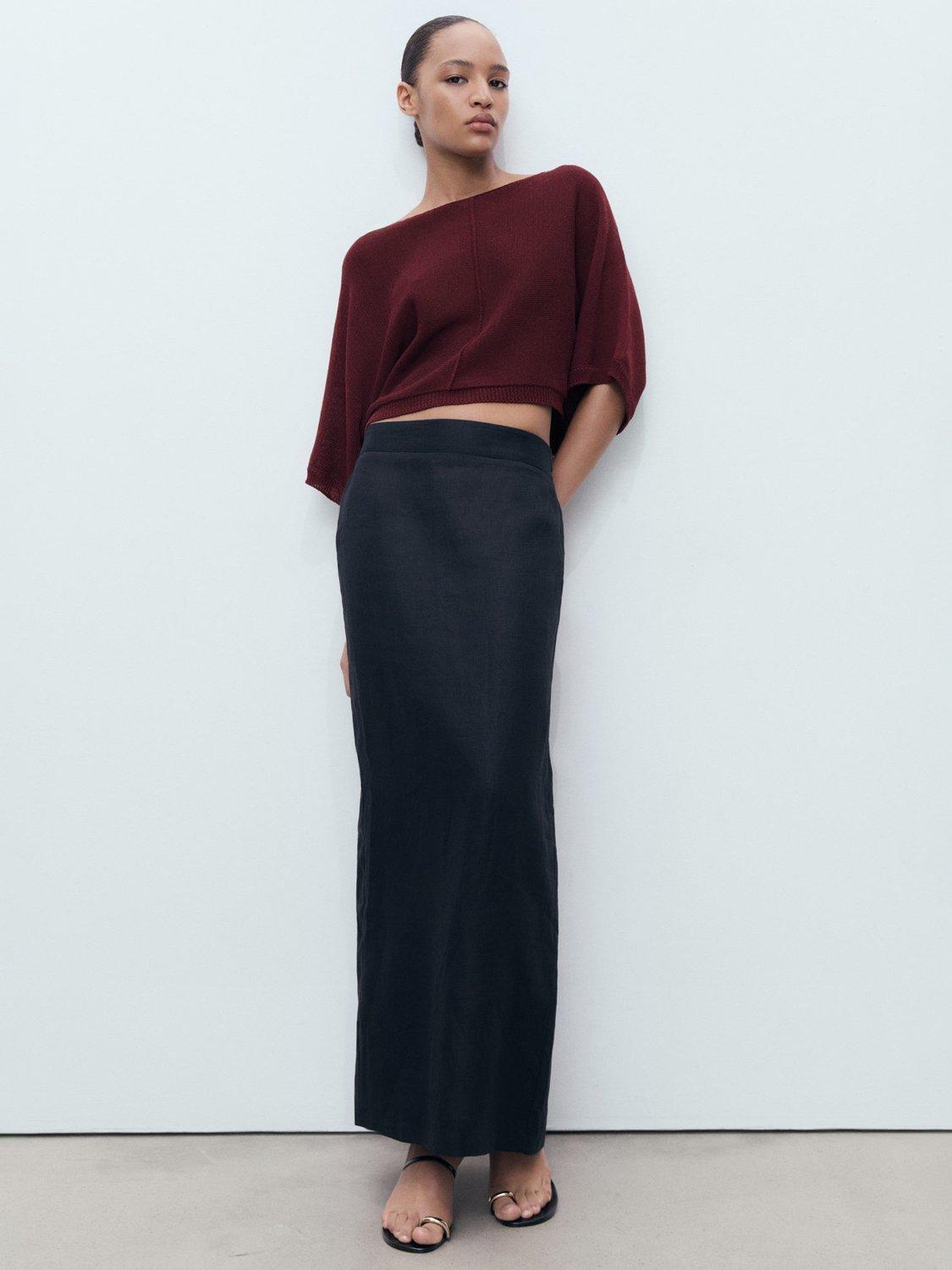 Product image 2 of 8, which shows Mango Aventura Linen Blend Oversized Fine Knit Jumper, Dark Red, S
