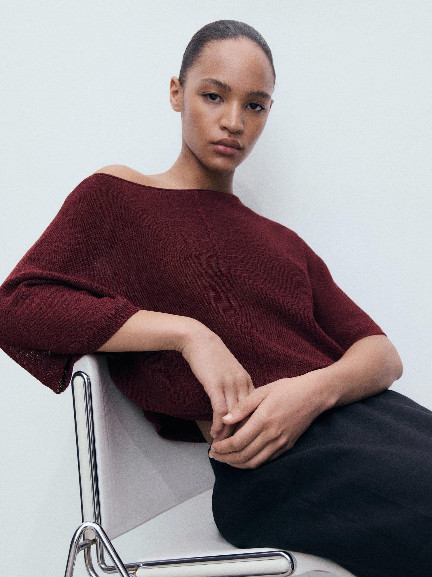 Product image 7 of 8, which shows Mango Aventura Linen Blend Oversized Fine Knit Jumper, Dark Red, S