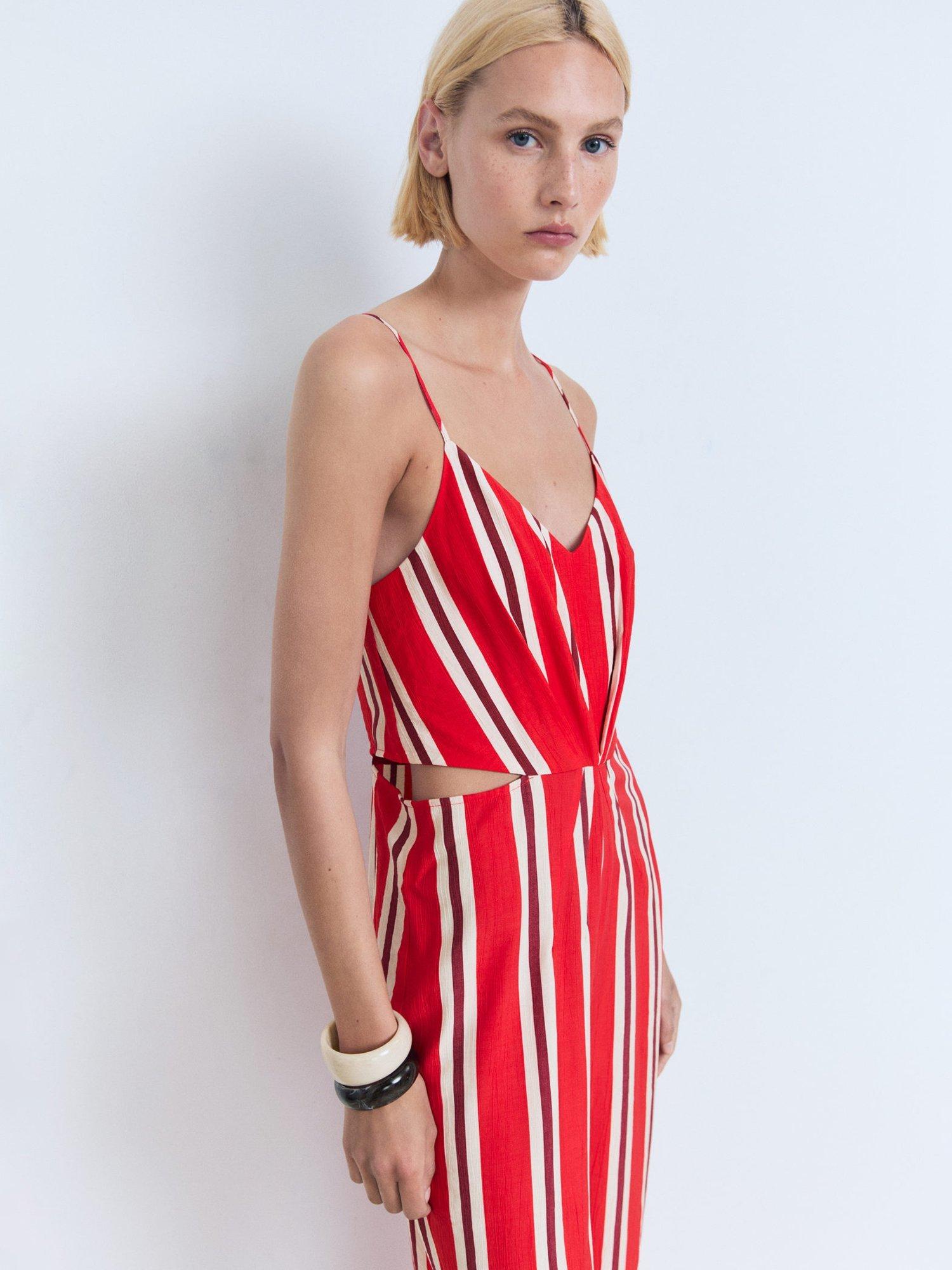 Product image 1 of 8, which shows Mango Myko Stripe Cut Out Jumpsuit, Red, L