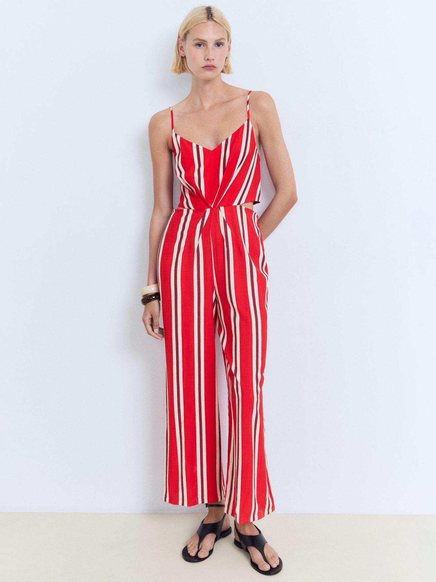 Product image 2 of 8, which shows Mango Myko Stripe Cut Out Jumpsuit, Red, L