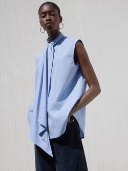 Mango Bruna Cotton Tie Neck Blouse, Medium Blue, Medium Blue