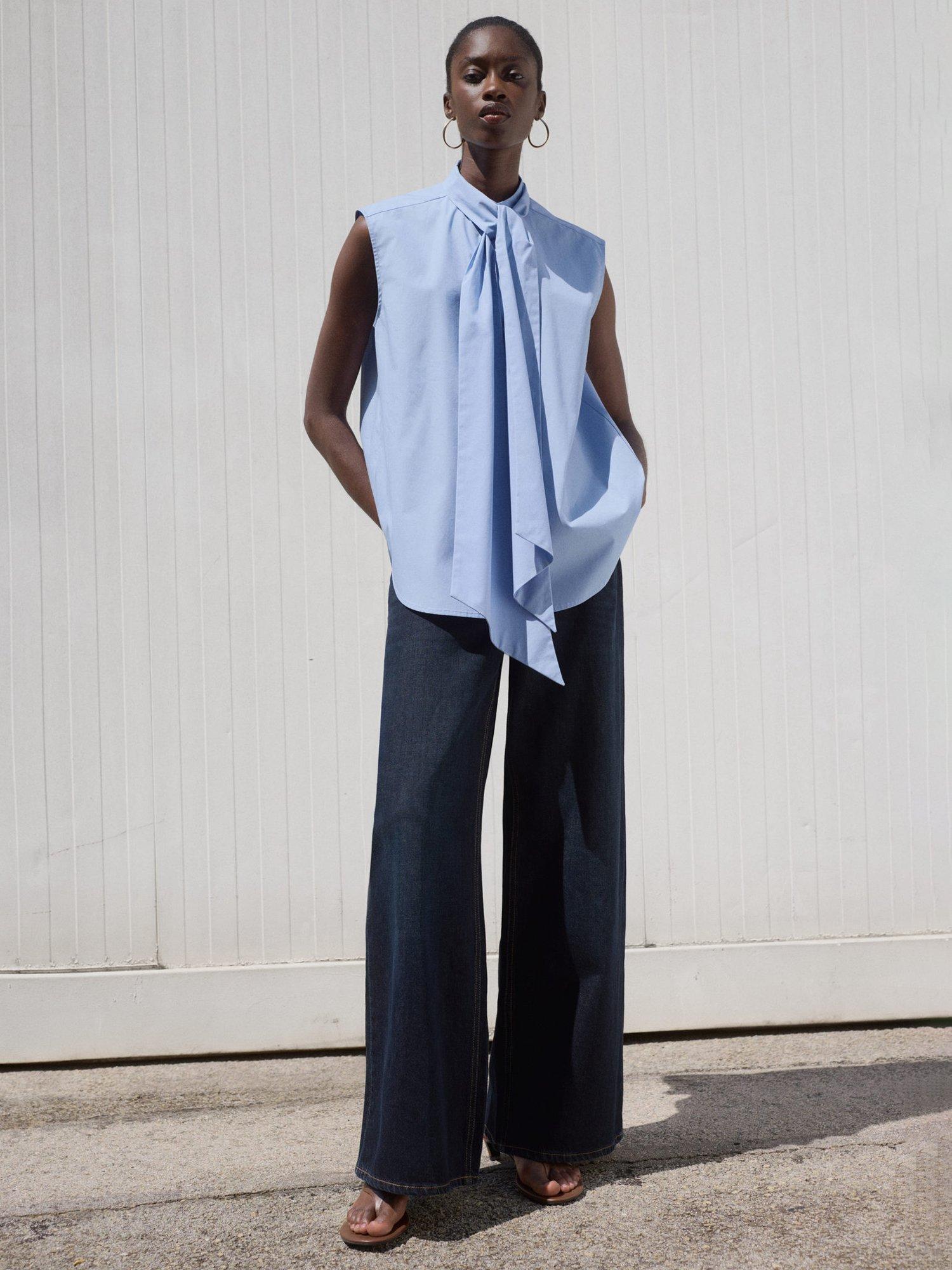 Product image 2 of 3, which shows Mango Bruna Cotton Tie Neck Blouse, Medium Blue, 8