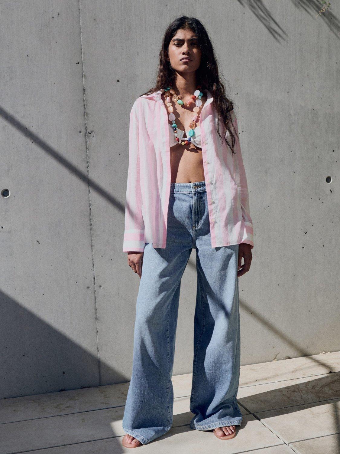 Product image 2 of 6, which shows Mango Linea Stripe Long Sleeve Shirt, Pastel Pink/Multi, 4