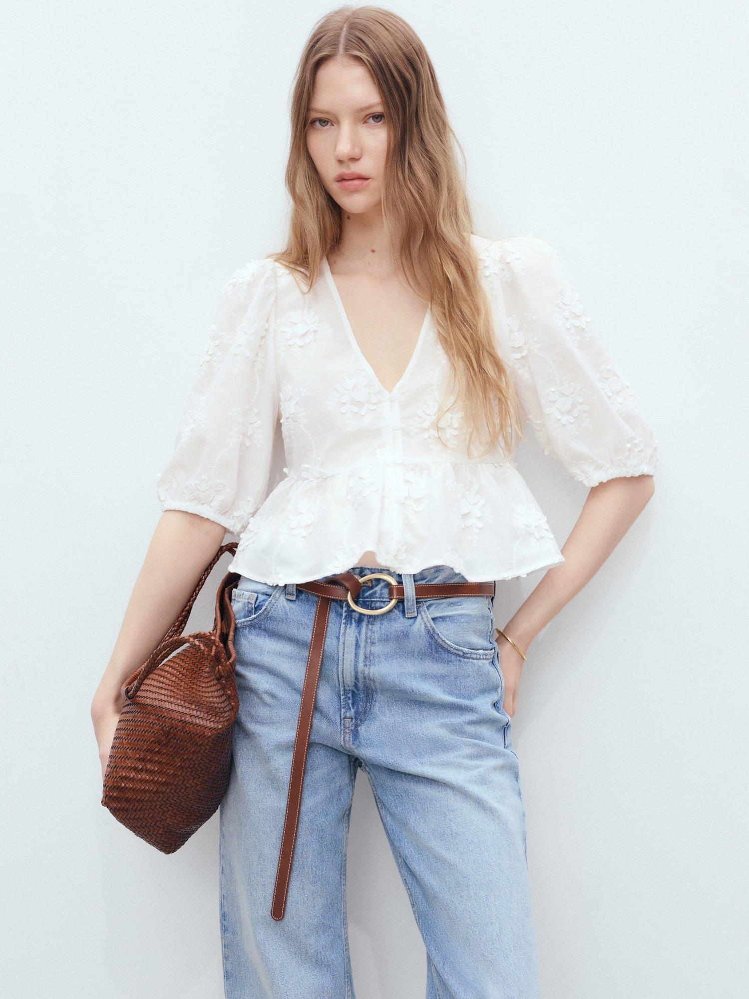 Product image 1 of 7, which shows Mango Swirly Embroidered Cotton Blouse, Natural White, 10