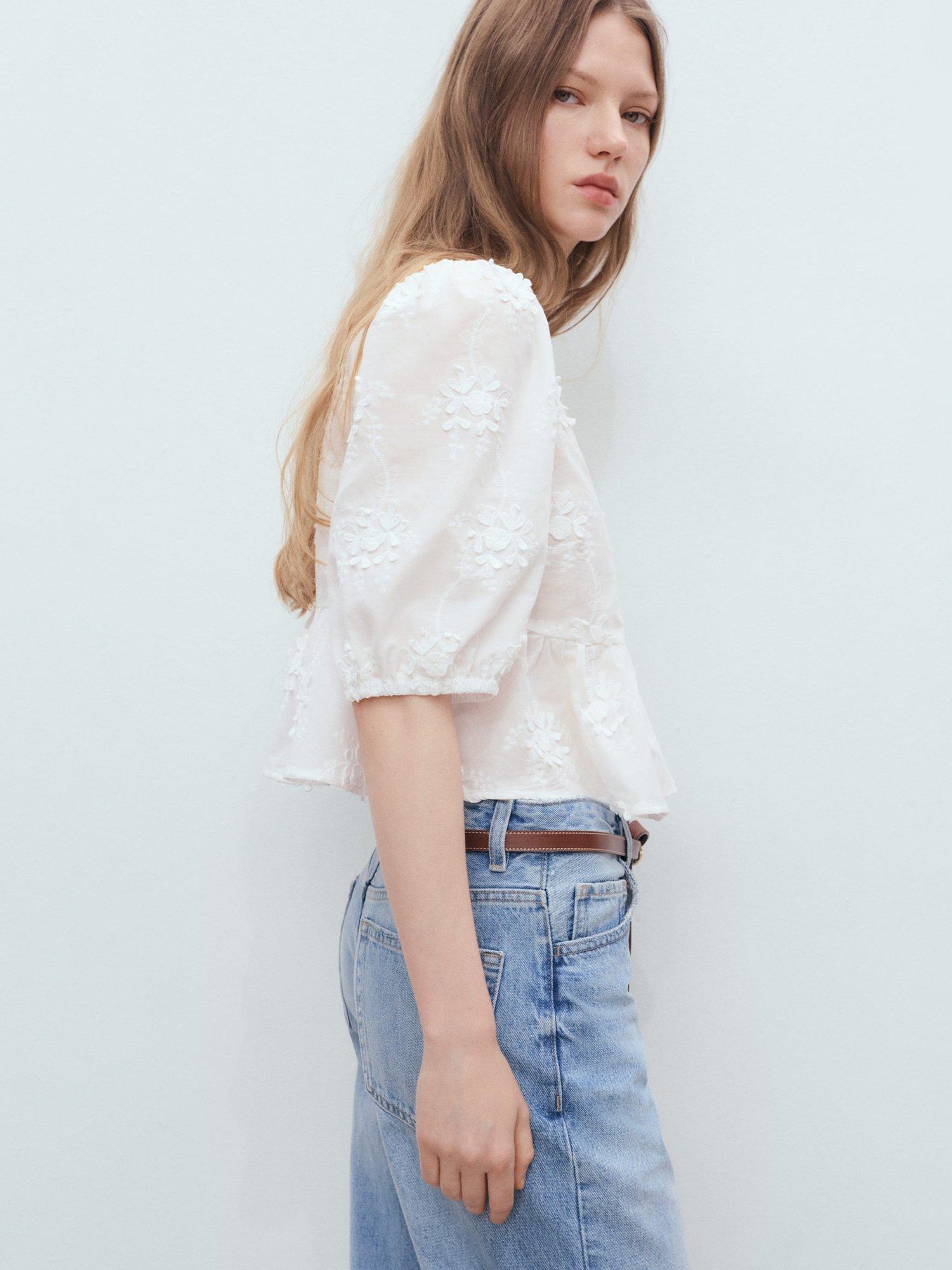 Product image 6 of 7, which shows Mango Swirly Embroidered Cotton Blouse, Natural White, 10