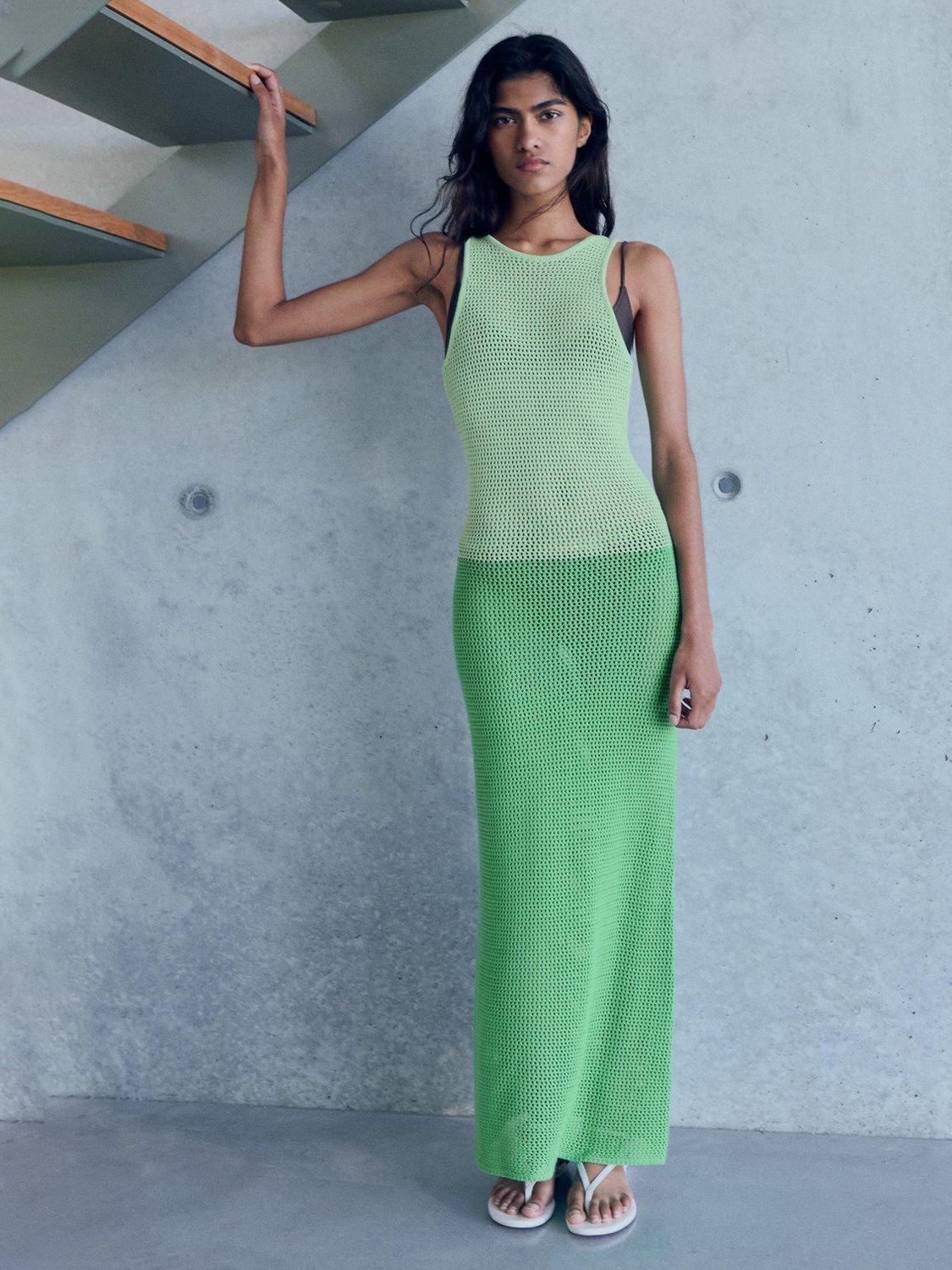 Product image 1 of 7, which shows Mango Colour Block Crochet Dress, Green, 10
