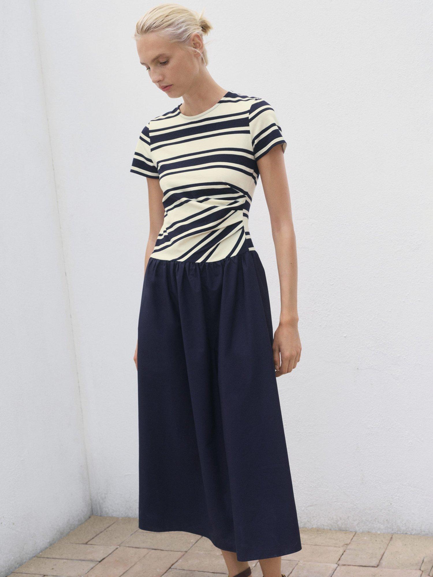 Product image 1 of 7, which shows Mango Contri Colour Block Stripe Midi Dress, Navy, 10