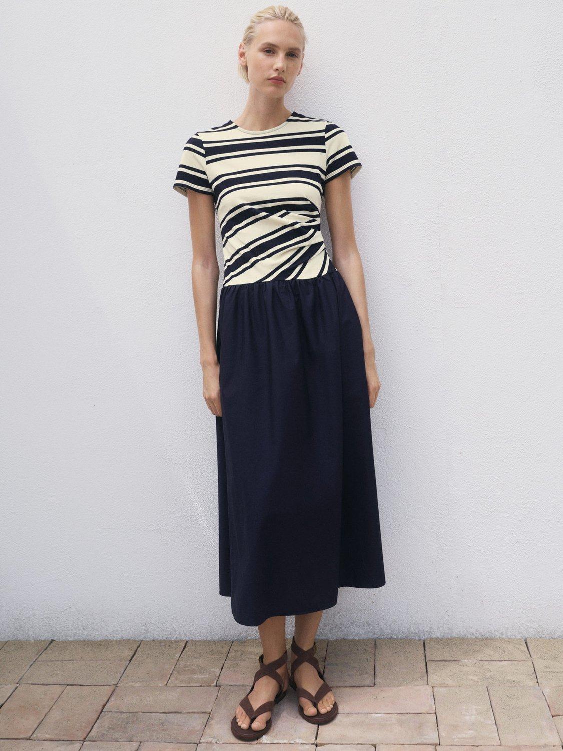 Product image 2 of 7, which shows Mango Contri Colour Block Stripe Midi Dress, Navy, 10