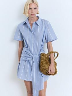 Mango Elsa Cotton Striped Shirt Knot Dress, Medium Blue, Medium Blue