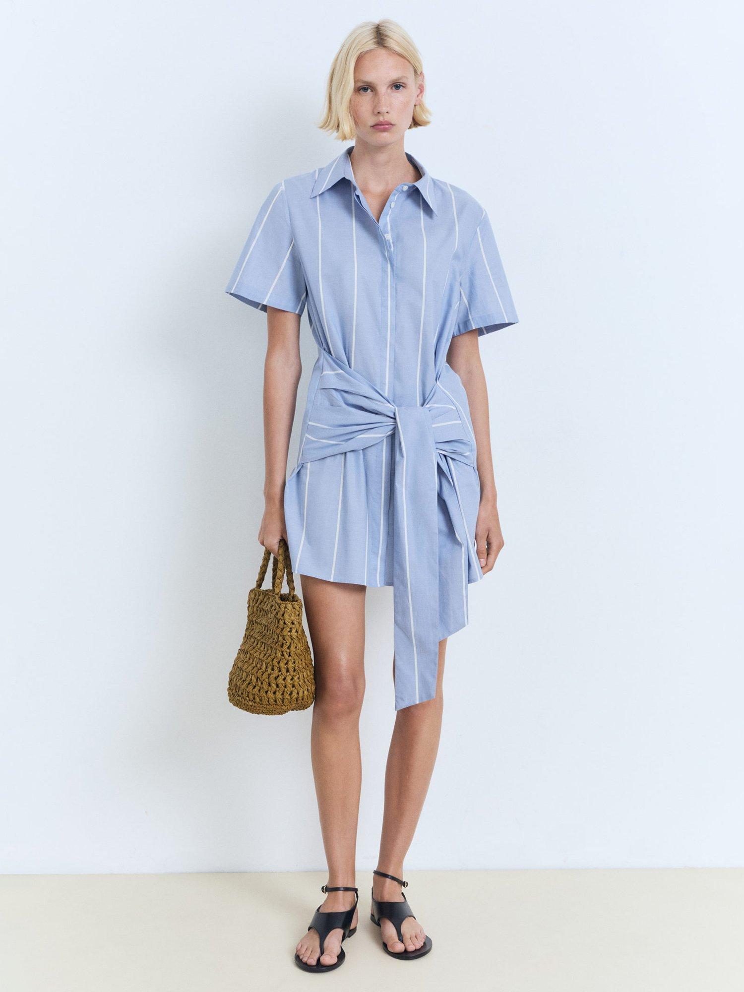 Product image 2 of 8, which shows Mango Elsa Cotton Striped Shirt Knot Dress, Medium Blue, 10