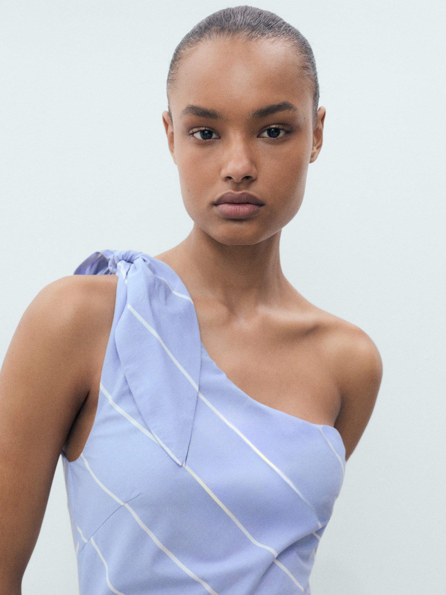 Product image 6 of 7, which shows Mango Elsa Stripe One Shoulder Dress, Medium Blue, 10