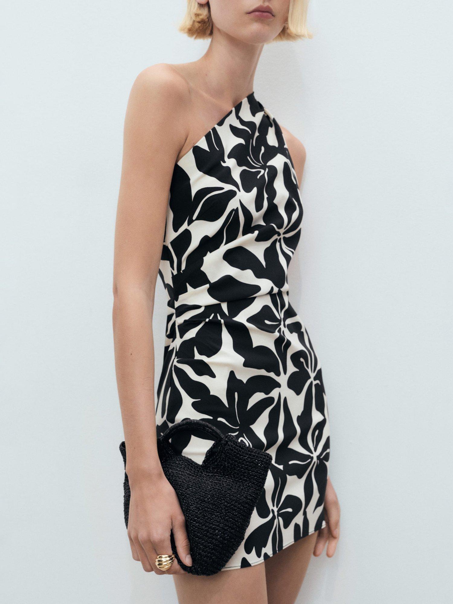Product image 2 of 7, which shows Mango Knot Floral One Shoulder Mini Dress, Black, 10
