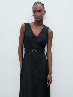 Mango Laura Flared Pure Linen Dress, Black, Black