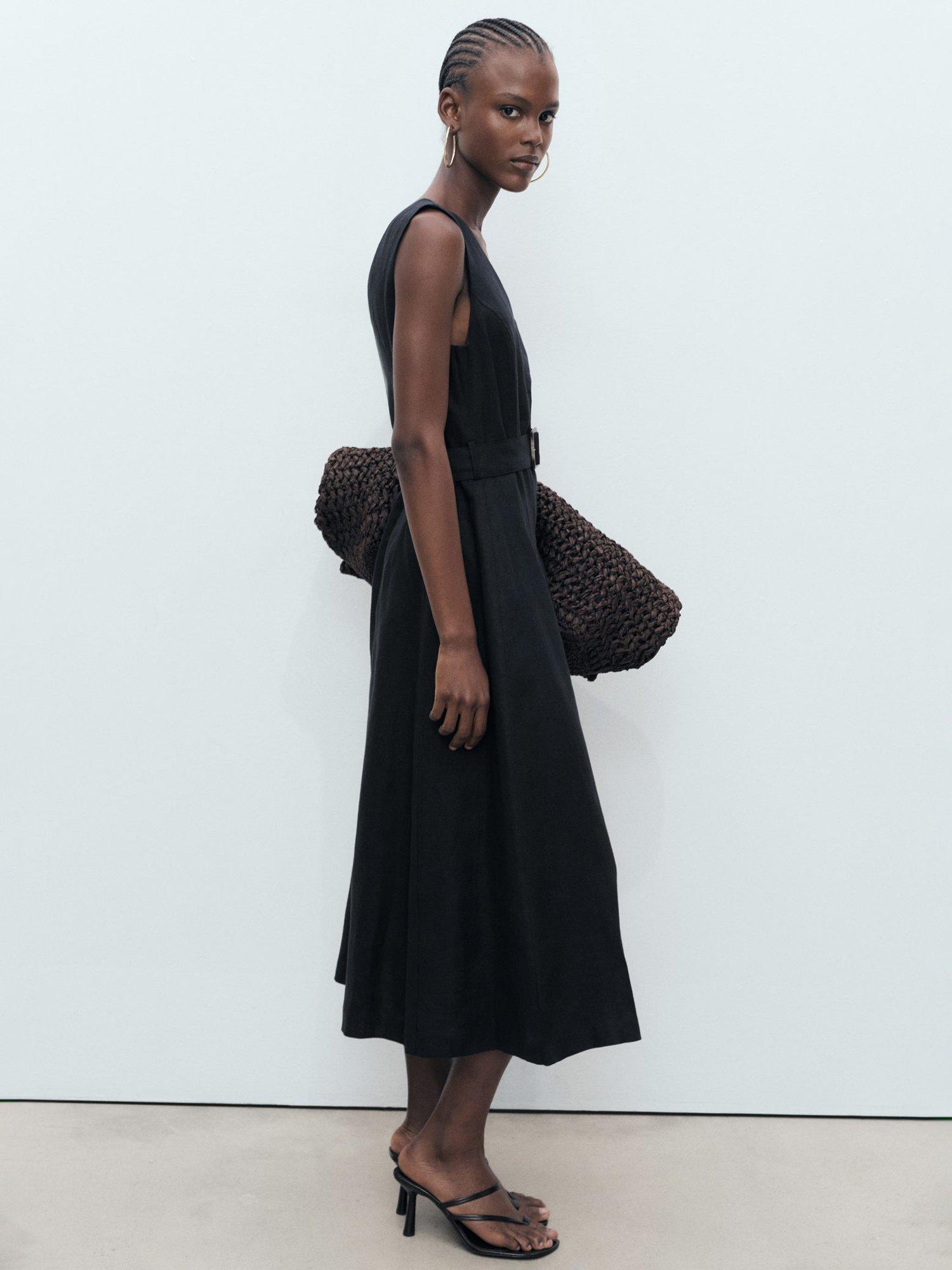 Product image 2 of 7, which shows Mango Laura Flared Pure Linen Dress, Black, 10