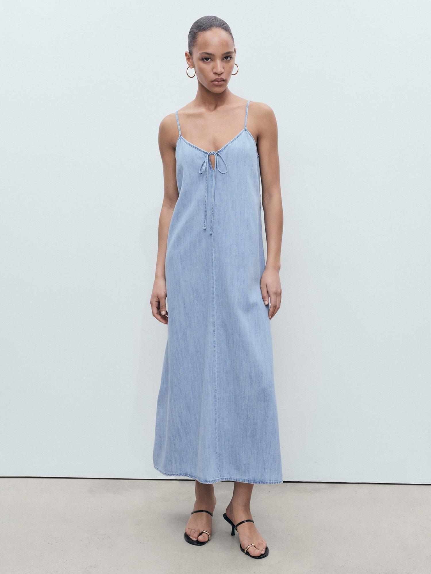 Product image 2 of 8, which shows Mango Leo Strappy Denim Dress, Mid Blue, 10