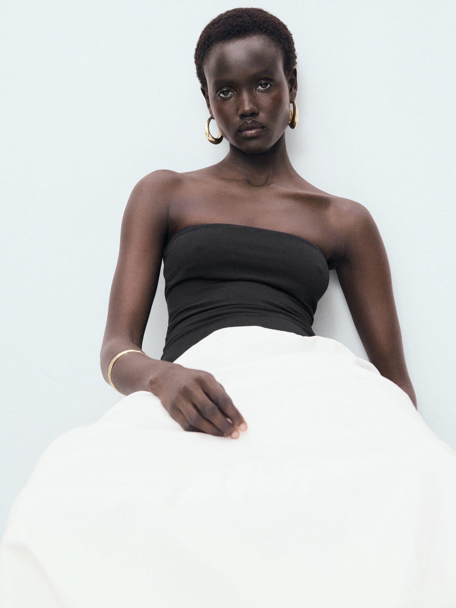 Product image 6 of 7, which shows Mango Luigi Cotton Blend Balloon Effect Strapless Dress, Black, 10