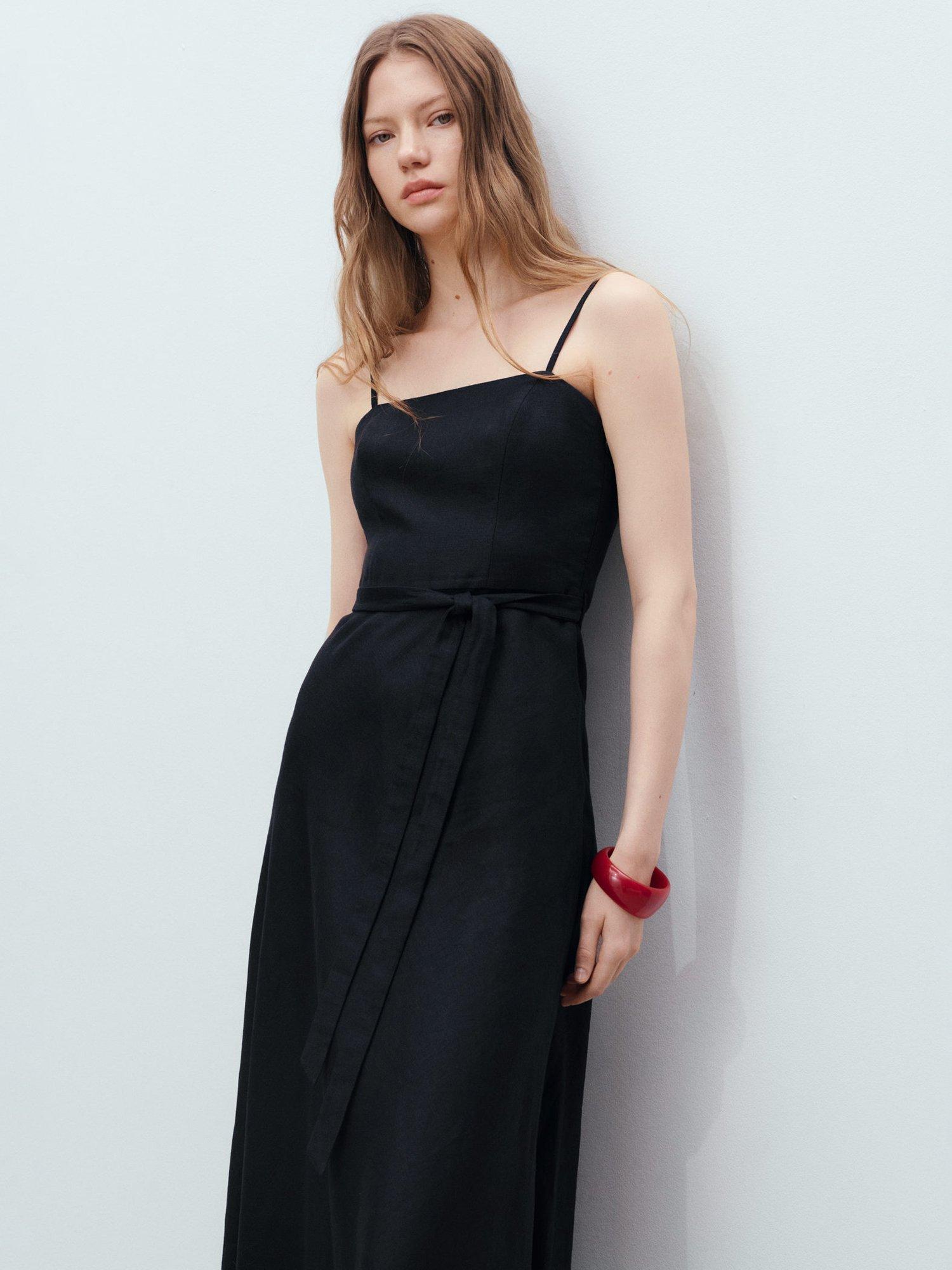 Mango Nickie Bow Waist Pure Linen Dress, Black