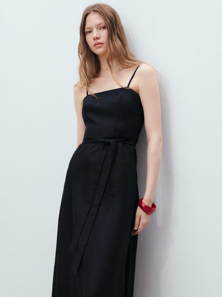 Mango Nickie Bow Waist Pure Linen Dress, Black, Black