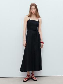 Mango Nickie Bow Waist Pure Linen Dress, Black - view 2, Black
